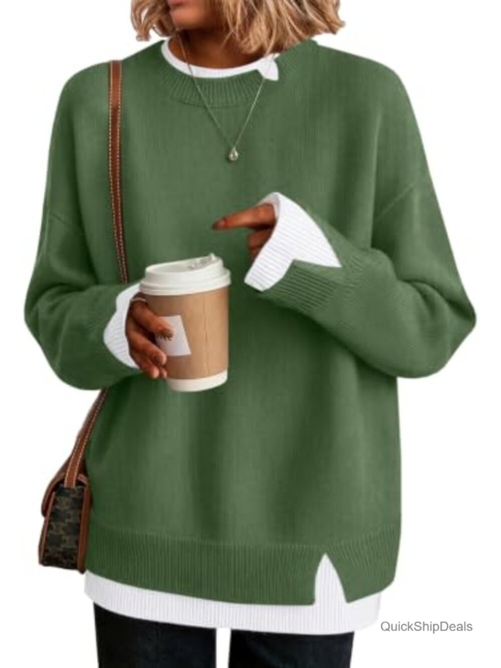 Womens Oversized Layered Look Pullover Sweater Color Block Crew Neck Loose Fit
